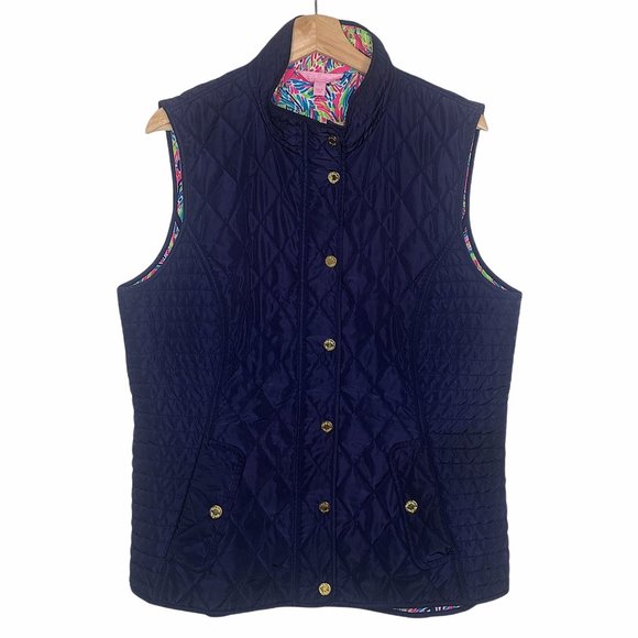 Lilly Pulitzer Jackets & Blazers - Lilly Pulitzer Quilted Navy Blue Floral Interior Vest Adjustable Snaps Waist XL